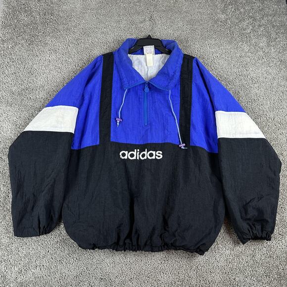 Vintage Adidas Jacket Mens XL Blue Black Anorak Quarter Zip Made Hong Kong 90s - Picture 4 of 16